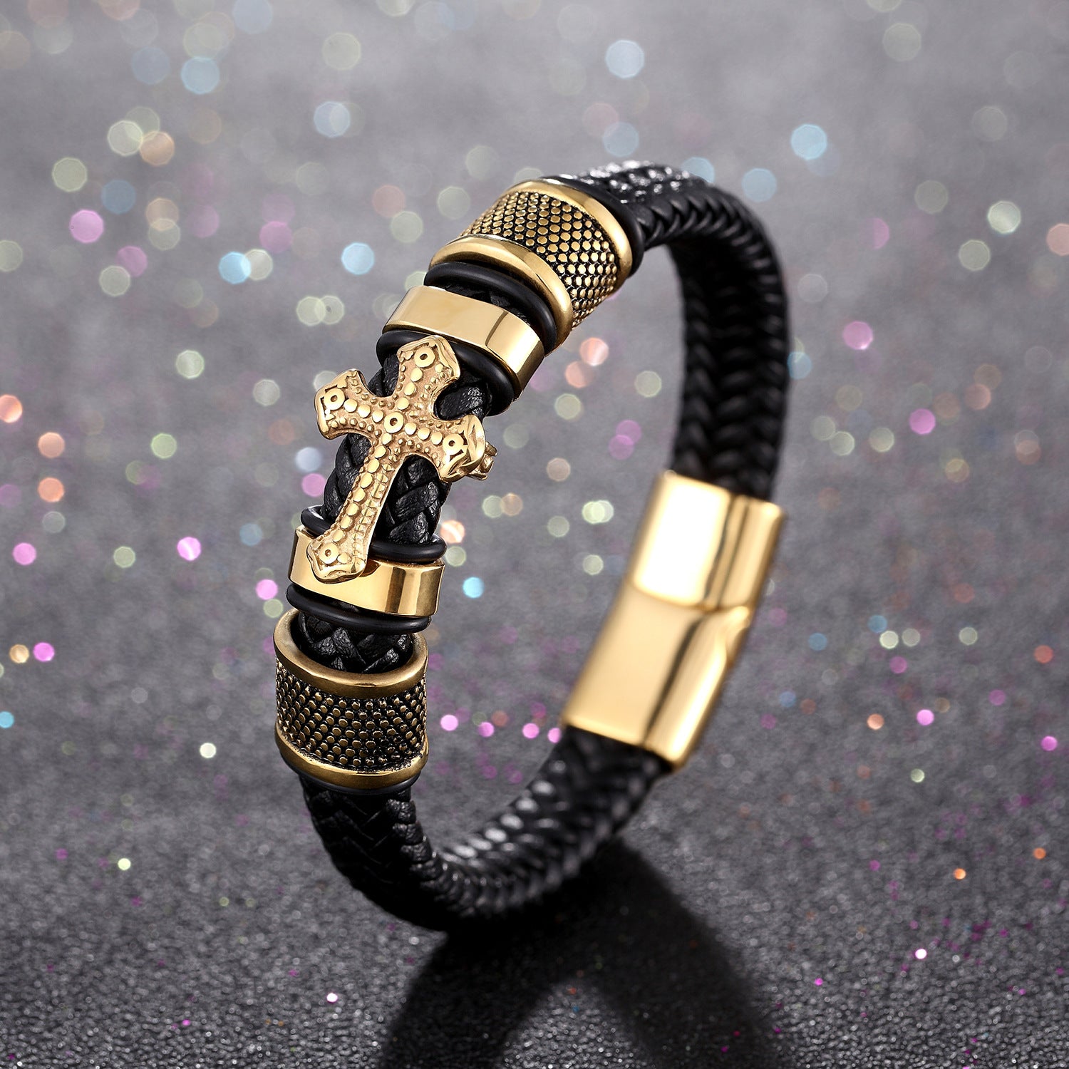 Cross stainless steel and leather bracelet