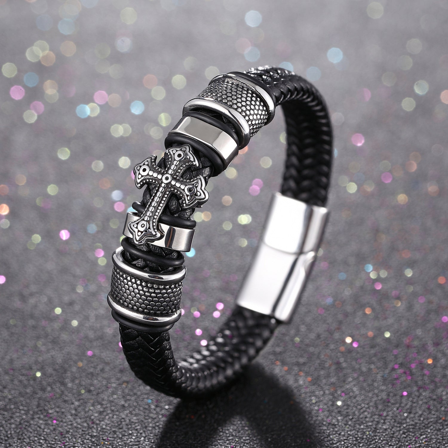 Cross stainless steel and leather bracelet