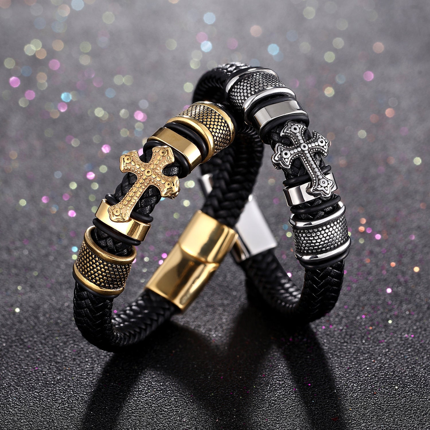 Cross stainless steel and leather bracelet