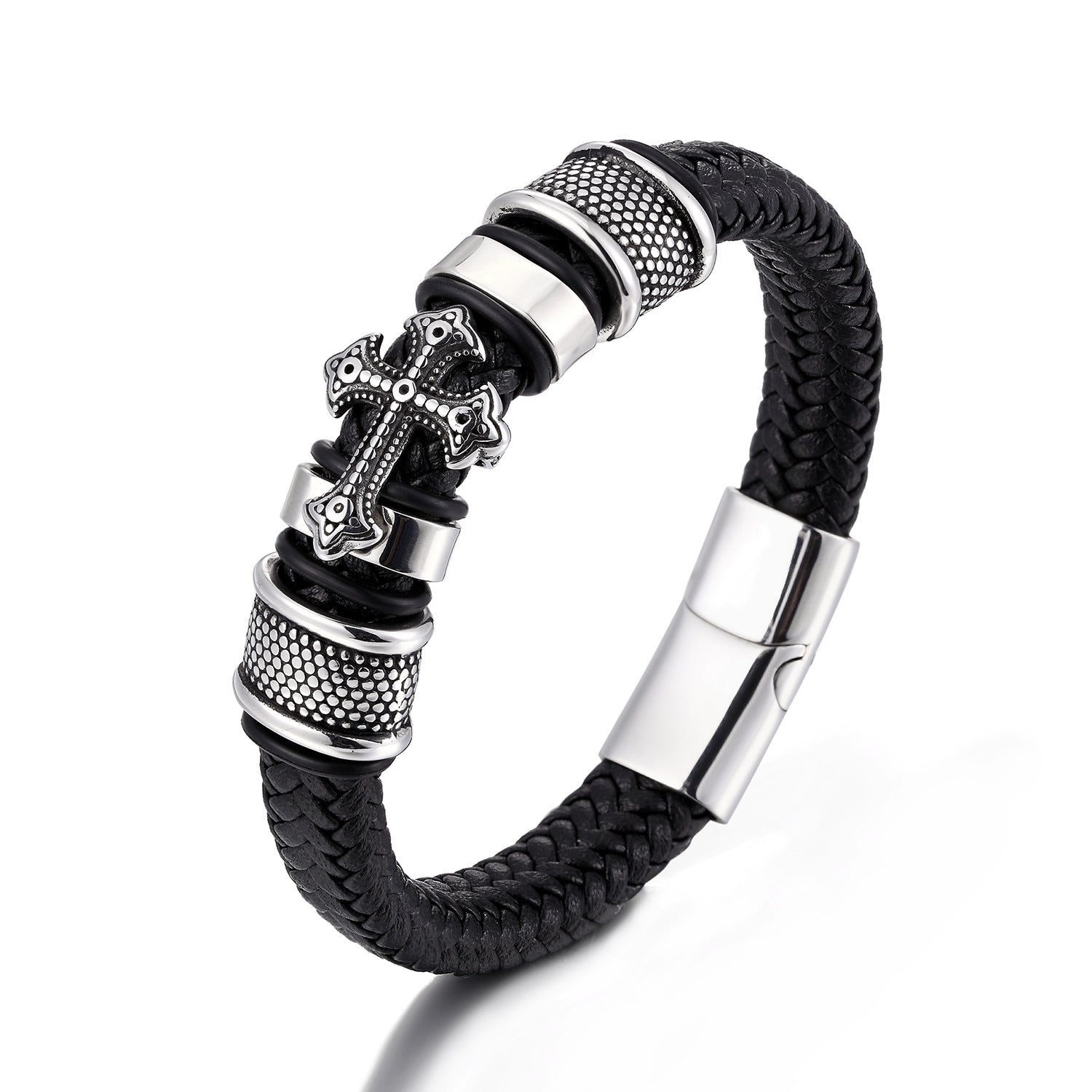 Cross stainless steel and leather bracelet