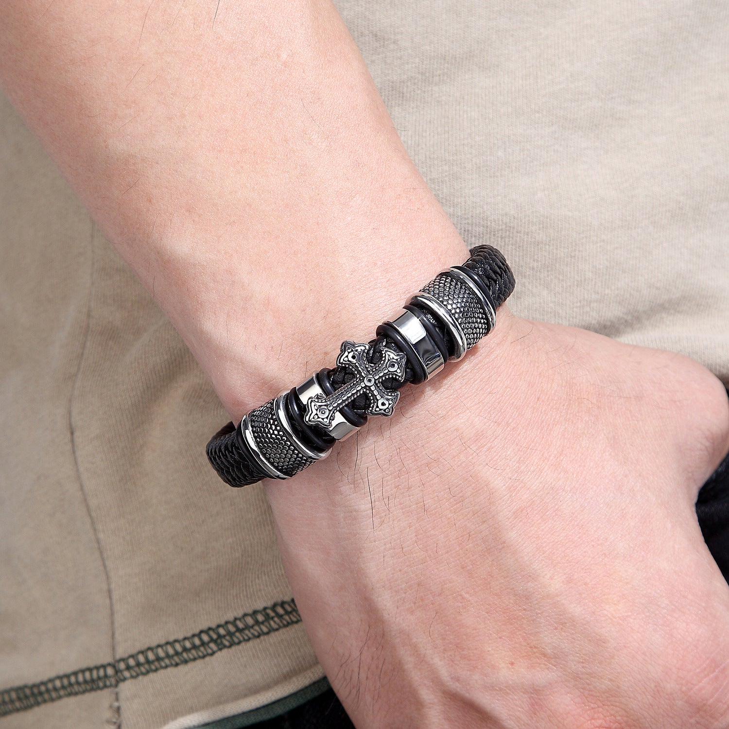 Cross stainless steel and leather bracelet
